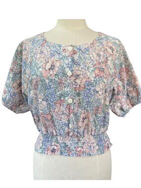 Vintage Topson Downs Floral Blouse Smocked Waist Button Front Cottage-M